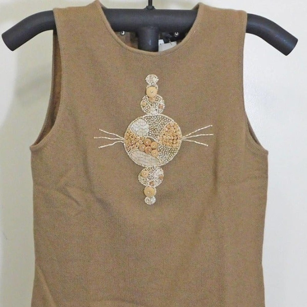 Frisson Brown Women's Cashmere Sleeveless Graphic Knit Sweater - Small